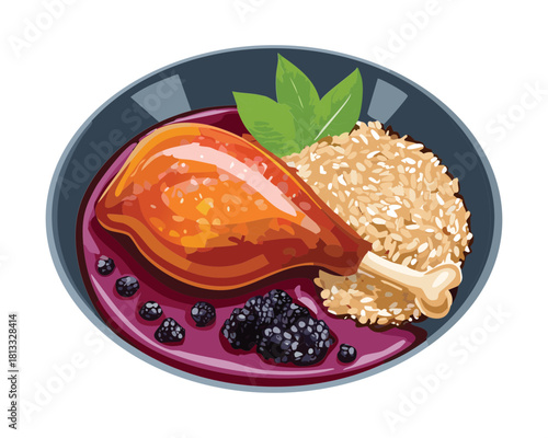 Savory Roasted Chicken or Duck Leg served alongside a Bed of Textured Grain and a Side of Dark Berry Compote - Vector Illustration