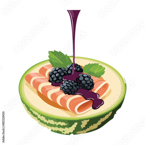 Sweet Crêpe or Meat Roll Topped with Light Cream and Generously Drizzled with Rich Dark Berry Sauce on a Plate - Vector Illustration