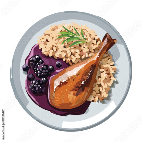 Elegantly Plated Duck Confit atop a Bed of Nutty Grain Pilaf Finished with Sweet and Tart Dark Berry Glaze - Vector Illustration