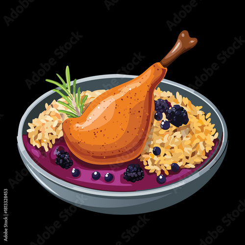 Rustic composition featuring roasted duck leg or similar poultry, seasoned with herbs and placed on a bed of savory barley and dark berries - Vector Illustration