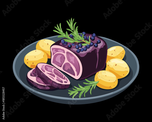 Elegantly plated dark meat, perhaps a duck leg, with a thick purple berry glaze, served over a bed of savory grain and rice pilaf - Vector Illustration