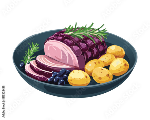 Succulent roasted pork shoulder glazed with rich blackberry and dark fruit reduction, accompanied by baked baby potatoes and rosemary garnish - Vector Illustration