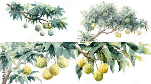 A detailed botanical illustration of fruit tree branches with lush leaves and ripening yellow fruits, showcasing natural growth and garden agriculture in soft watercolor style.