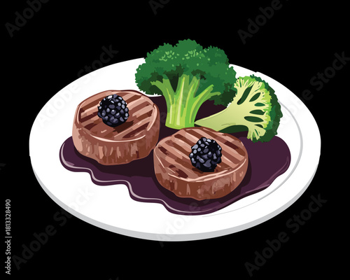 Pan-Seared Beef Tenderloin Medallions topped with a Blackberry Glaze, served with Fresh Broccoli Florets for an Elegant Gourmet Meal - Vector Illustration