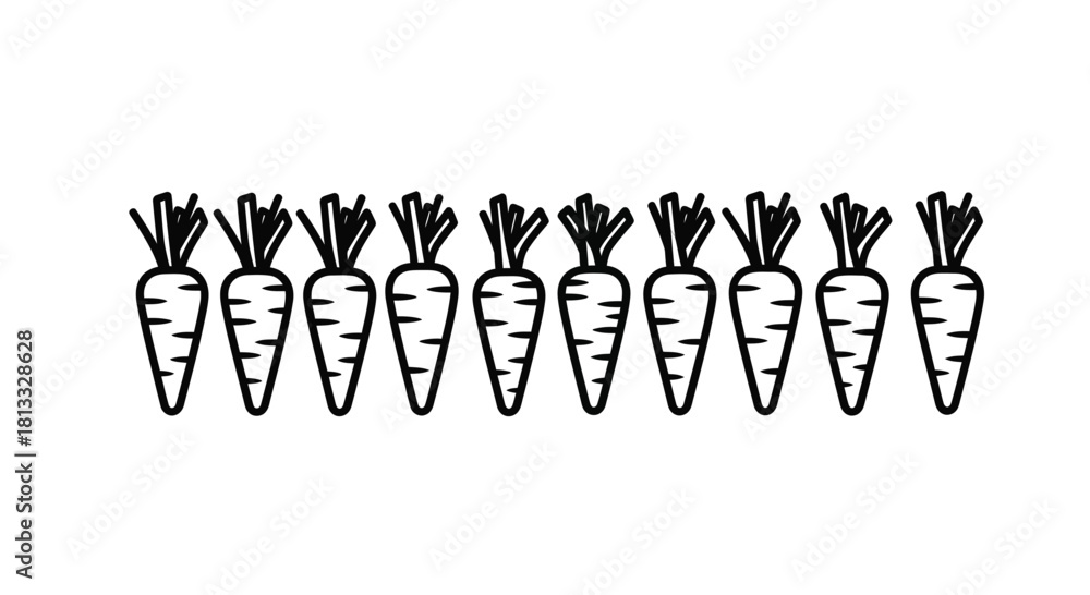 Obraz premium Illustration of a row of carrots isolated on white background in black lines