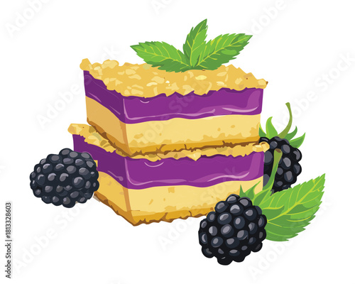 Single Portion of Layered Blackberry Crumble Bar with a Crumbly Topping and Purple Fruit Filling, garnished with Fresh Mint and Berries - Vector Illustration