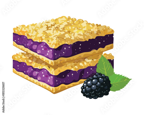 Duo of Square Blackberry Crumble Bars with a Crunchy Topping and Smooth Purple Filling, garnished with Fresh Berries and Mint Leaves - Vector Illustration