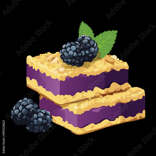 Delicious Layered Blackberry Crumble Bars with a Flaky Golden Crust and Sweet Purple Filling, garnished with Fresh Berries and Mint - Vector Illustration