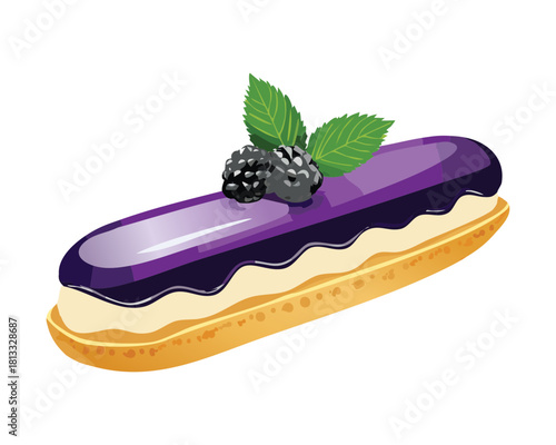 Traditional French Éclair Pastry with a Choux Base, filled with Cream and Topped with a Glossy Purple Blackberry Glaze and Berries - Vector Illustration