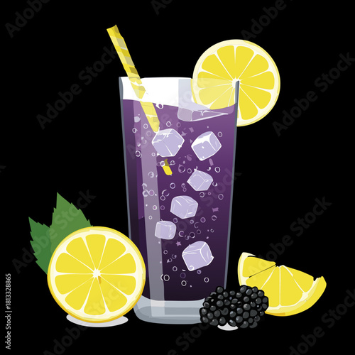 Purple Berry Iced Drink with Lemon and Mint, served in a Tall Glass with Ice Cubes and a Straw for a Zesty and Refreshing Summer Quencher - Vector Illustration