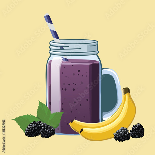 Refreshing Purple Blackberry Smoothie in a Mason Jar Mug with a Straw and a Banana, perfect for a Healthy Breakfast or Post-Workout Drink - Vector Illustration