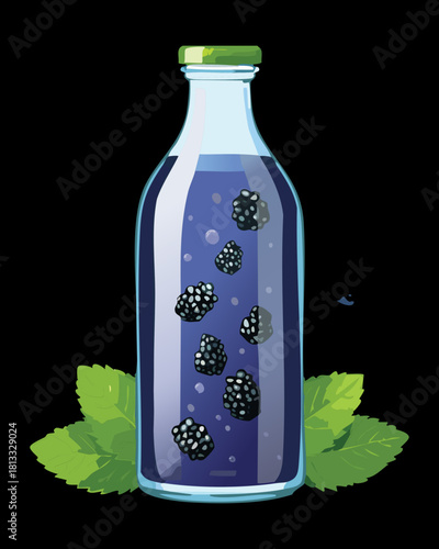 Dark Purple Cold Blackberry and Mint Infused Beverage in a Glass Bottle, ready for a Refreshing Summer Drink or Detox Cleanse - Vector Illustration