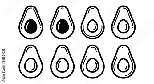 Set of avocado fruit outline isolated on white background for coloring book