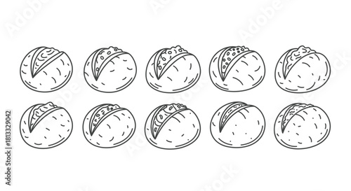 Hand drawn bread rolls isolated on white background in doodle style