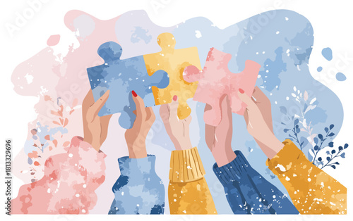 다양한 손들이 함께 퍼즐 조각을 맞춰 협력과 팀워크의 개념을 시각적으로 표현합니다.