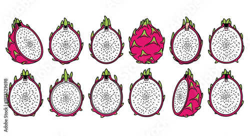 Dragon fruit slices in different angles isolated on white background
