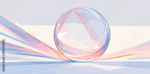 투명한 구체와 부드러운 색상의 추상적인 배경이 조화로운 현대적인 그래픽 디자인