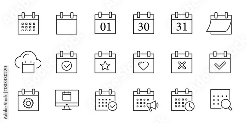 Simple set of calendar related vector line icons. Flat, digital icon set for web and mobile. Set of calendar icons, schedule, event. calendar date schedule winter holiday Christmas xmas celebration.