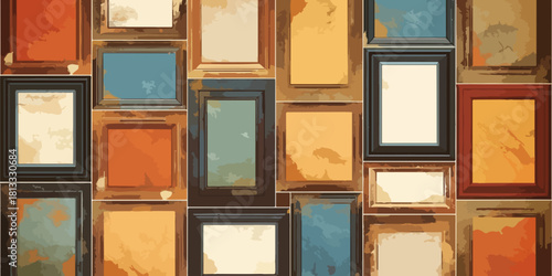 다양한 크기와 색상의 액자 콜라주, 텍스처 배경, 빈 공간