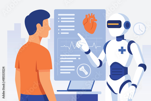 Humanoid robot consulting a patient with digital medical data, symbolising AI in healthcare