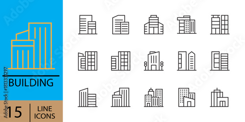 Building icons set. Vector illustration thin line modern style of building, Urban architecture, city skyscraper, downtown. A diverse collection of architectural building icons in a minimalist style. 