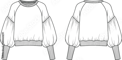Cad drawing flat vector illustration of balloon sleeve sweatshirt fashion template with ribbed cuffs hem raglan style cozy apparel design