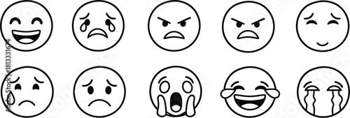 Collection of ten hand-drawn emoji faces showing various emotions in black and white outline emoticon