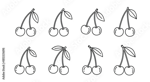 Set of cherry fruits isolated on white background in line art drawing style
