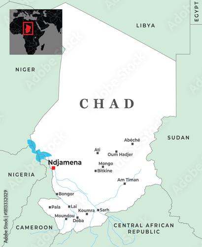 Political map of Chad showing borders, major cities, and its location in north-central Africa