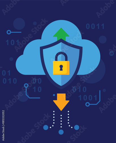 A cloud with shield, padlock, and data arrows, symbolizing secure cloud storage and transmission