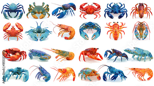 A vibrant collection of crab and lobster illustrations featuring colorful marine species in detailed watercolor style, showing diverse shapes and lively ocean creatures.