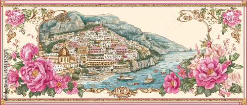아름다운 해안 마을 풍경과 화려한 꽃 장식이 어우러진 섬세한 일러스트
