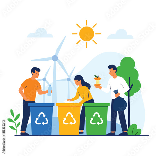 People recycling outdoors with color-coded bins, wind turbines, and nature elements promoting sustainability