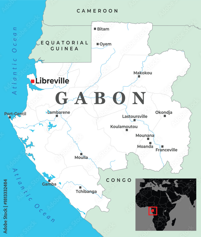 Obraz premium Detailed political map of Gabon showing major cities, borders, and its coastal location along the Atlantic Ocean