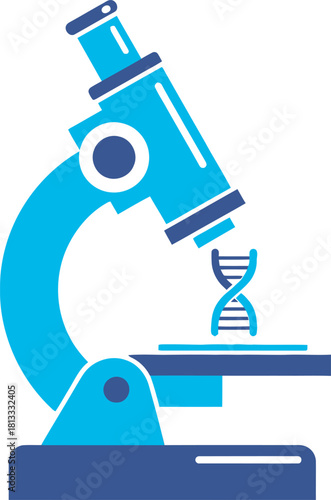 A stylized, two-tone light blue microscope examining a DNA double helix. Clear vector for concepts of genetic research, biotechnology, life science, medical testing, molecular biology, academic study.
