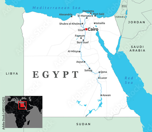 Detailed political map of Egypt showing major cities, borders, and its strategic location along the Mediterranean and Red Seas