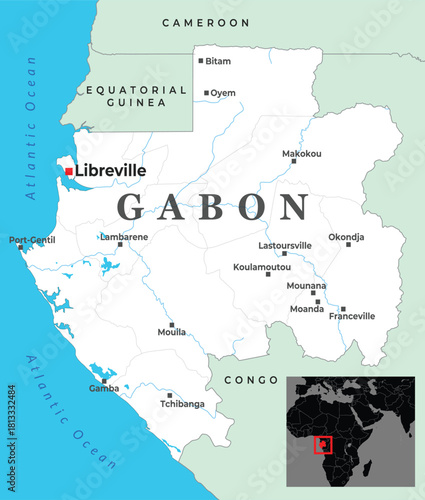 Detailed political map of Gabon showing major cities, borders, and its coastal location along the Atlantic Ocean
