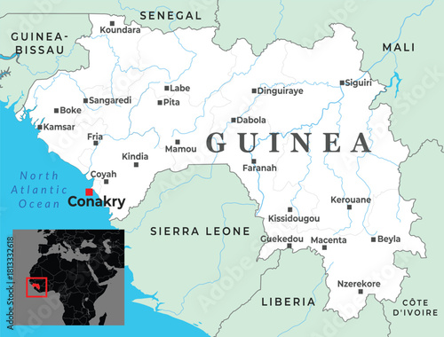 Political map of Guinea showing major cities, borders, and its location in West Africa