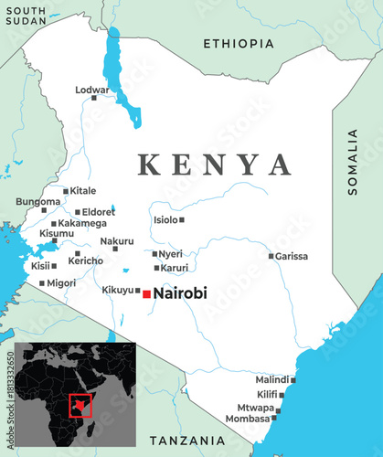Political map of Kenya showing major cities, borders, and its location in East Africa