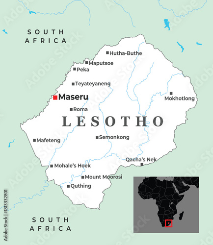 Political map of Lesotho showing major cities, borders, and its location within Southern Africa