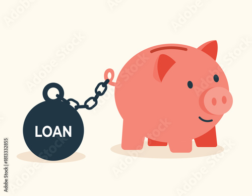 Piggy bank chained to a loan ball, symbolising debt burden and financial constraint
