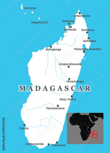 Political map of Madagascar showing major cities, island borders, and its location off the southeastern coast of Africa