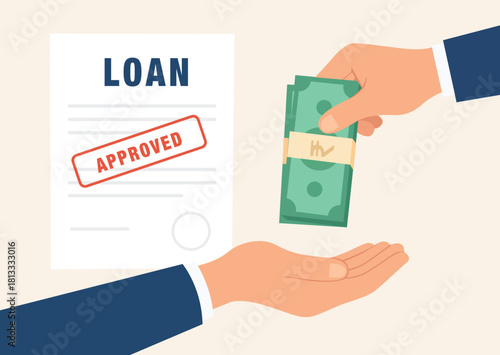 Loan approval document and cash handover, symbolising financial disbursement and banking process