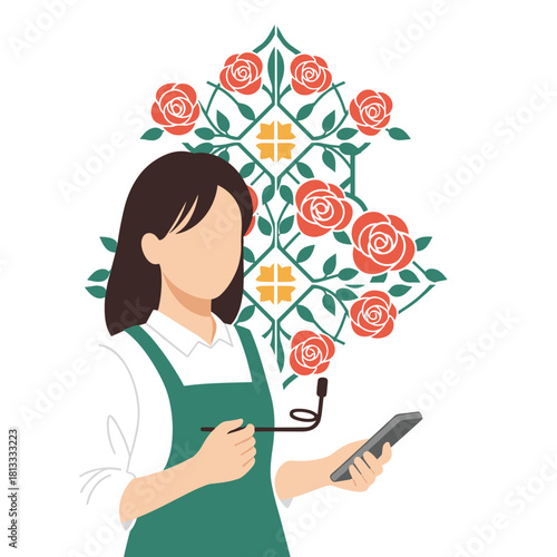 Modern female florist or designer using a smartphone and stylus, creating or managing orders with a rose pattern background.