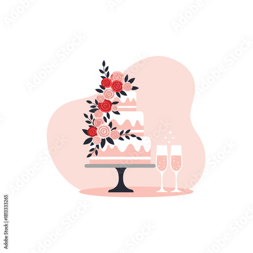 Elegant three-tiered wedding cake decorated with beautiful pink and red roses, alongside two glasses of sparkling champagne.