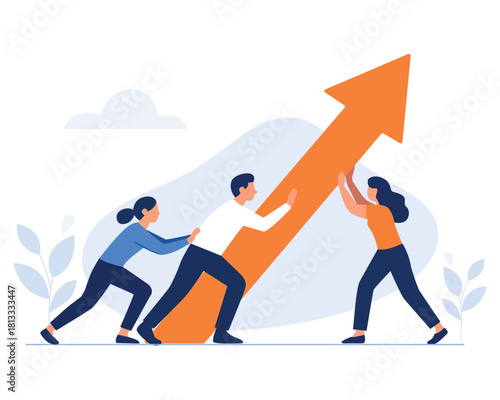 Three people collaboratively lifting an upward arrow, symbolising teamwork, growth, and collective success