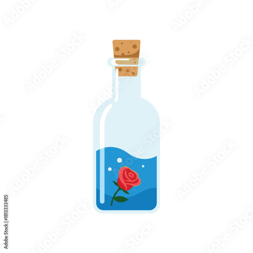 Magical red rose preserved inside a glass bottle filled with blue liquid and bubbles, sealed with a cork stopper.