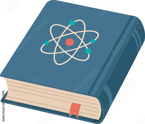 A closed, hardcover book in dark blue with an atom symbol on the cover. Clear vector for concepts of science education, physics, chemistry, academic learning, textbooks, knowledge, or research study.