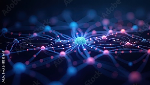 Abstract depiction illustrates interconnected neural network structure, showcasing intricate connections with vibrant blue and pink glowing spheres linked by flowing lines on a dark background,...