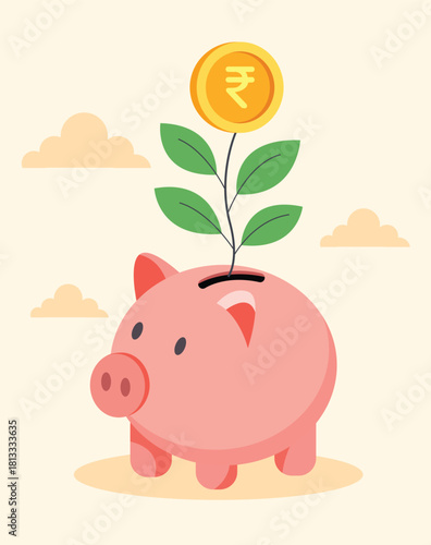 Piggy bank with a rupee coin plant growing from it, symbolising savings and financial growth